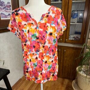 DRESSBARN size X-Large abstract floral cap sleeve ruched top w/elastic at bottom